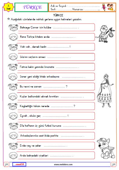 2. Sınıf Türkçe Cümlede Eylem Etkinliği